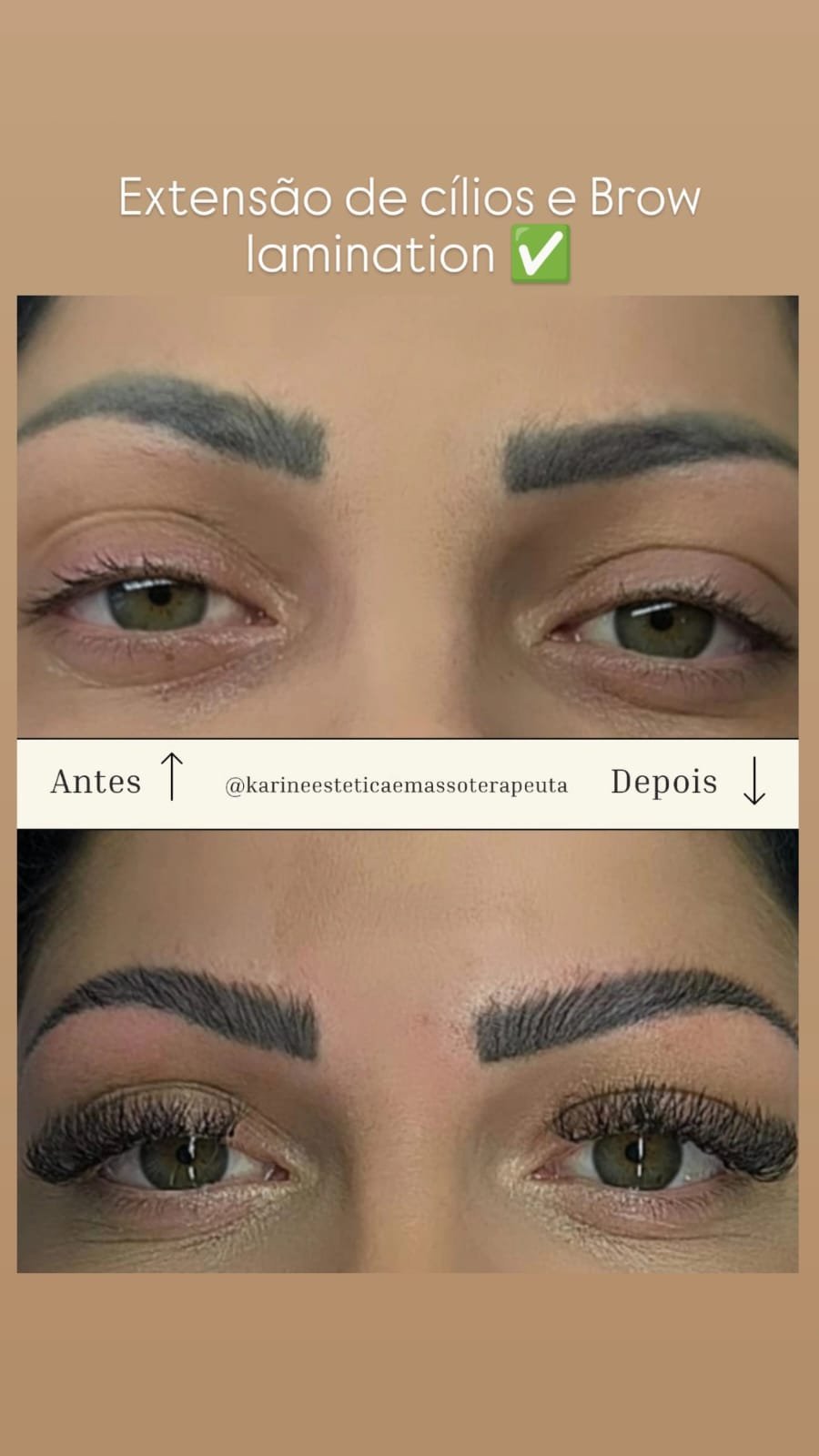 Antes e depois de extensão de cílios e brow lamination