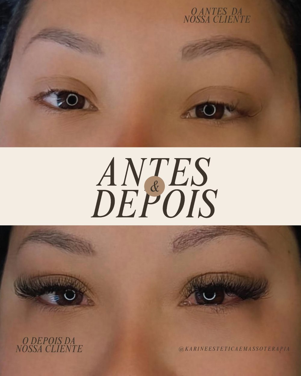 Antes e depois de extensão de cílios